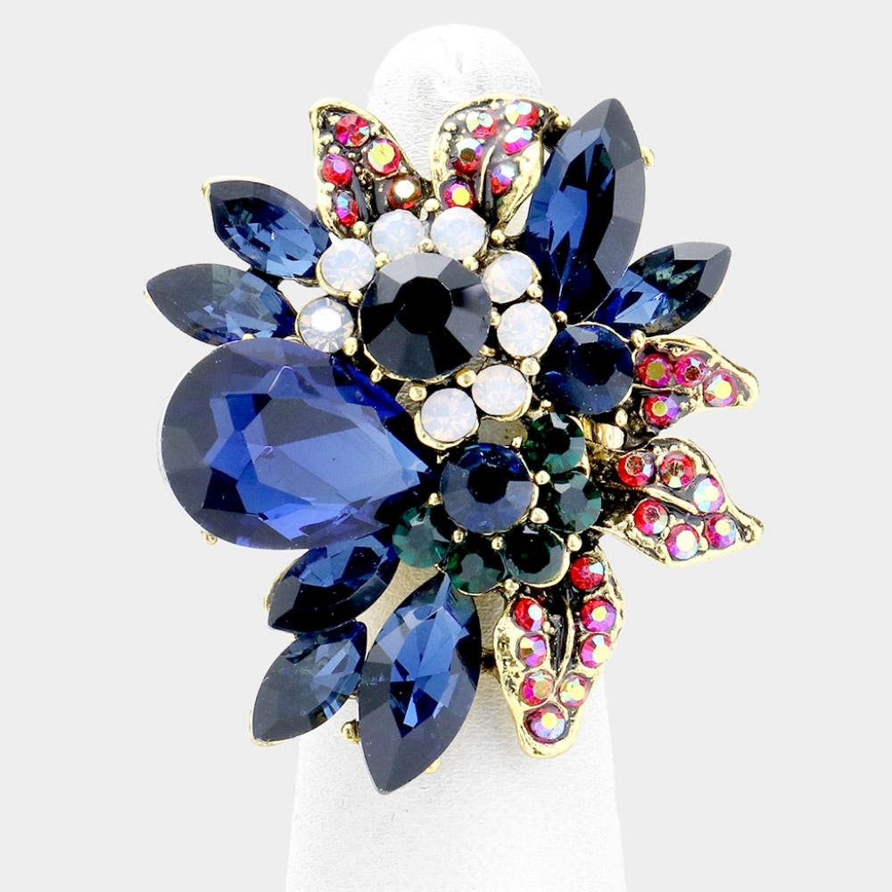 Navy Blue & Gold Floral Cocktail Fashion Statement Trend Rhinestone Crystal Ring
